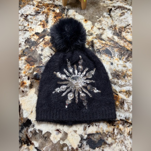 Accessories - Black Beanie with Sequin Snowflake